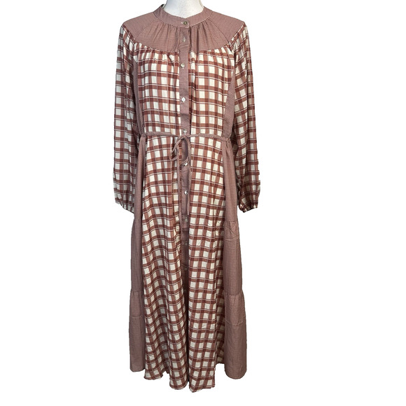 Polagram Dress size Medium Brown Ivory Plaid Midi Prairie Peasant Modest Church - Picture 1 of 9